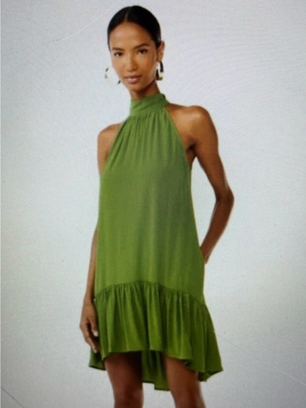 Scoop NYC Olive Green Halter Ruffle-Hem Dress with Pockets